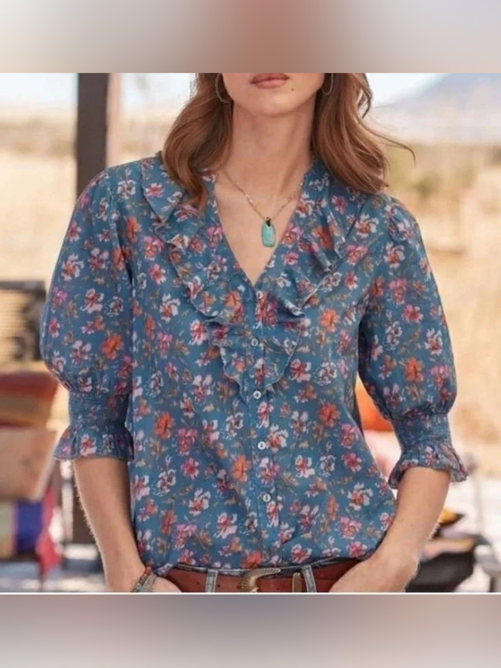 Sundance Jeanie Blouse Bohemian Western Ruffle Button Front XXL Floral Fall